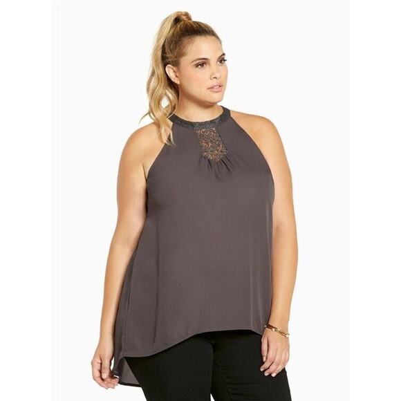 Torrid Size 0 / L Georgette Lace Inset Mock Neck Top Halter Gray - Picture 2 of 10